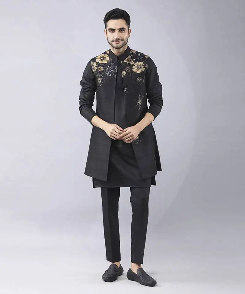 Black floral printed silk jacket paired with kurta & pant