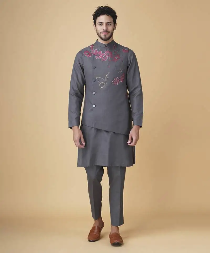 Grey floral printed silk bandhgala jacket paired with kurta & pant