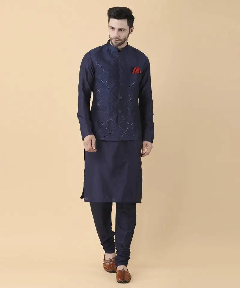 Navy blue solid silk bandhgala jacket paired with kurta & pant
