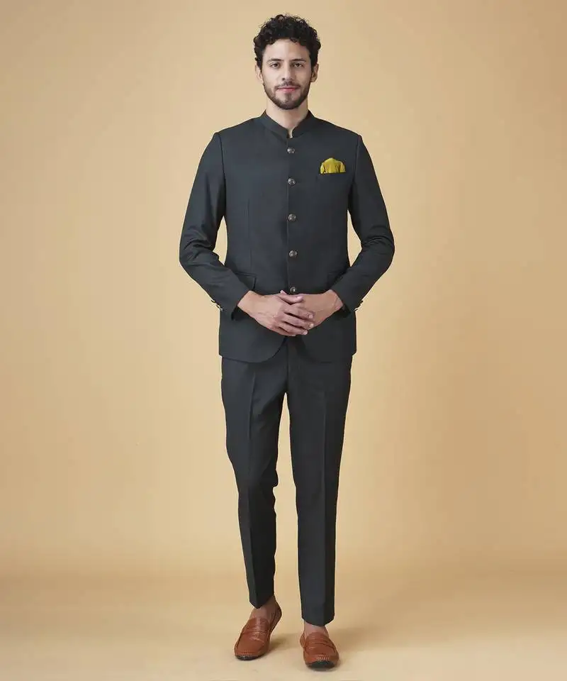 Bottle green solid rayon bandhgala suit