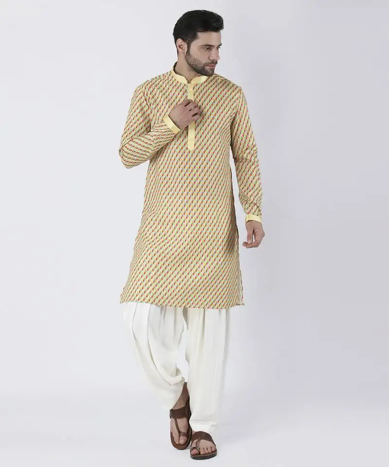 Multicolor silk printed mens kurta with pant set