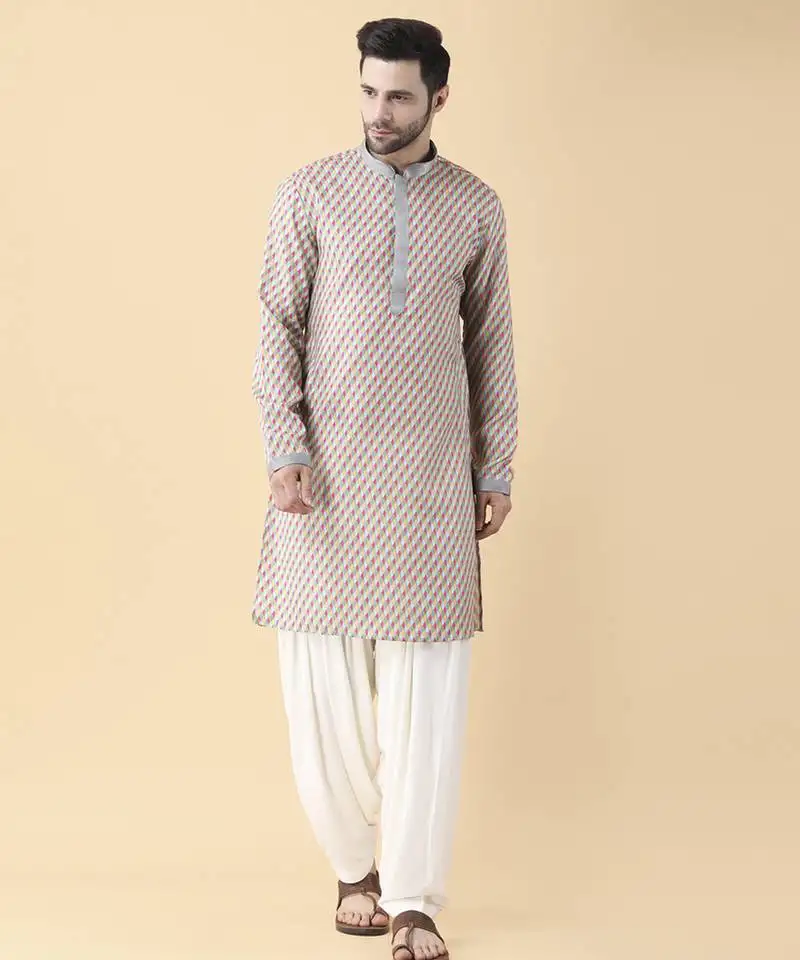 Multicolor silk printed mens kurta & pant set
