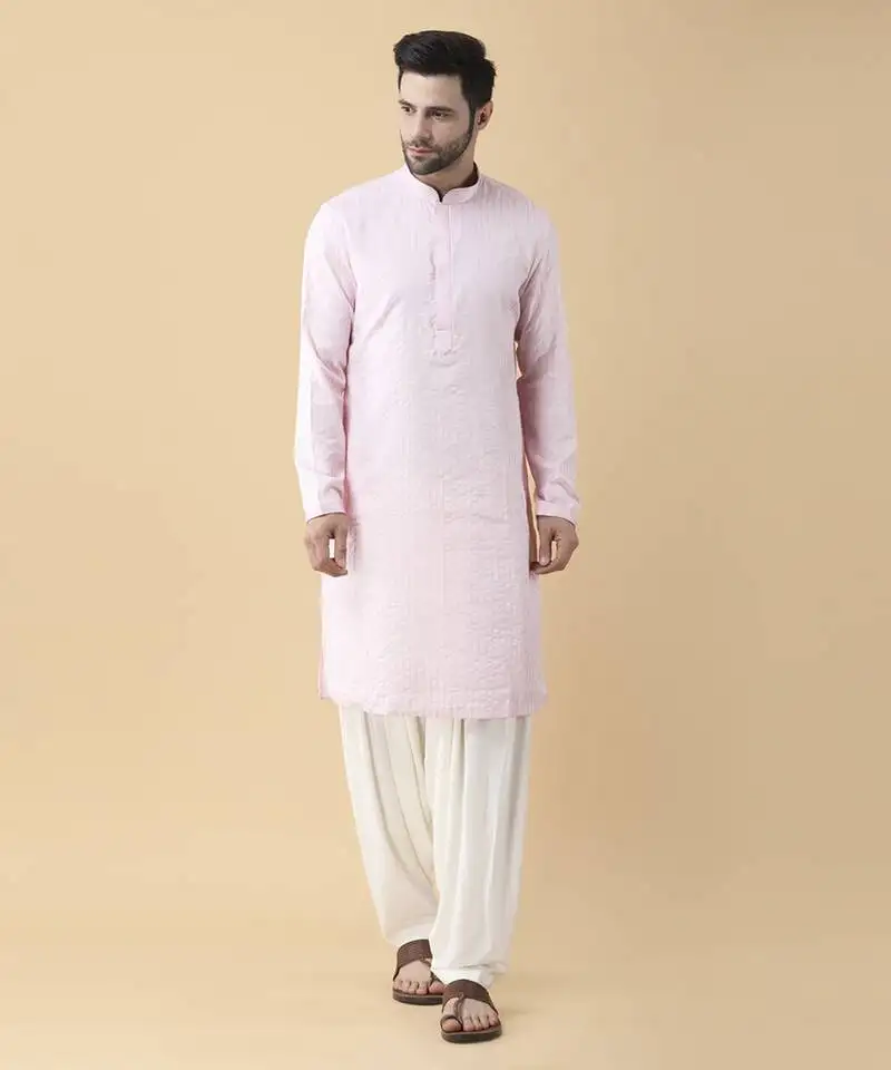Pink silk solid mens kurta & pant