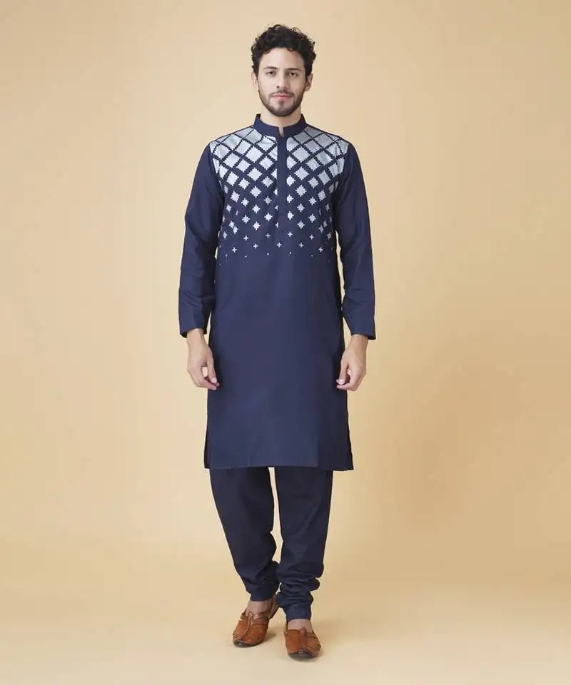 Blue silk geometric printed mens kurta & pajama