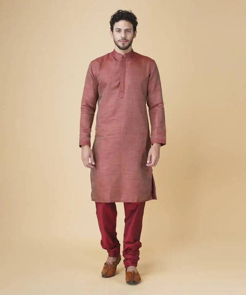 Maroon brocade solid mens kurta & pajama