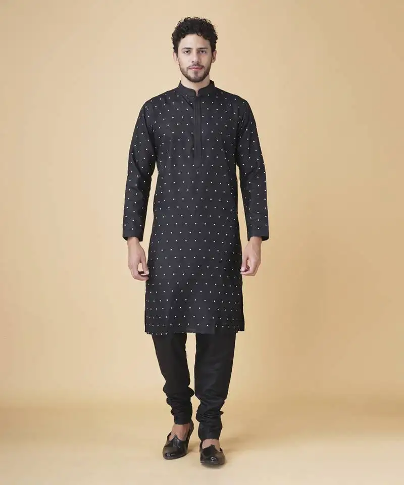 Black silk printed mens kurta & pajama