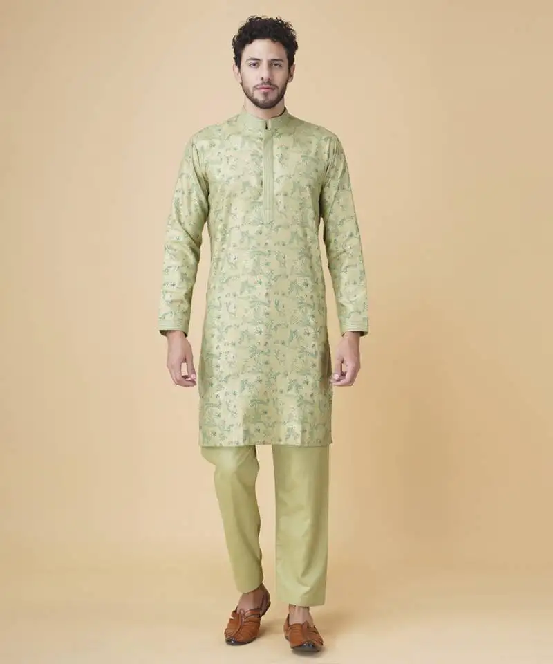 Olive green silk floral printed mens kurta & pant