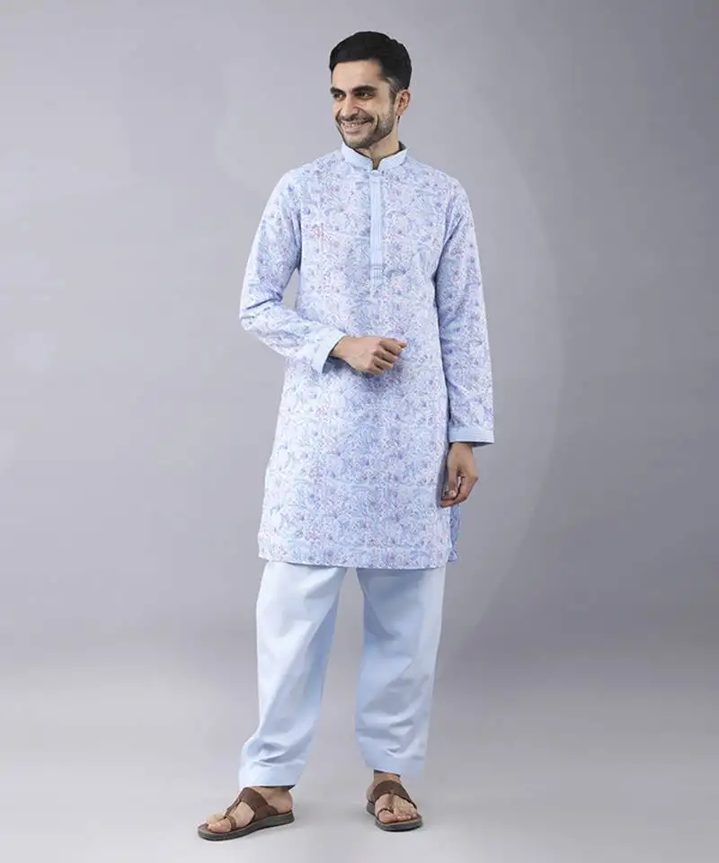 Sky blue silk floral printed mens kurta & pant