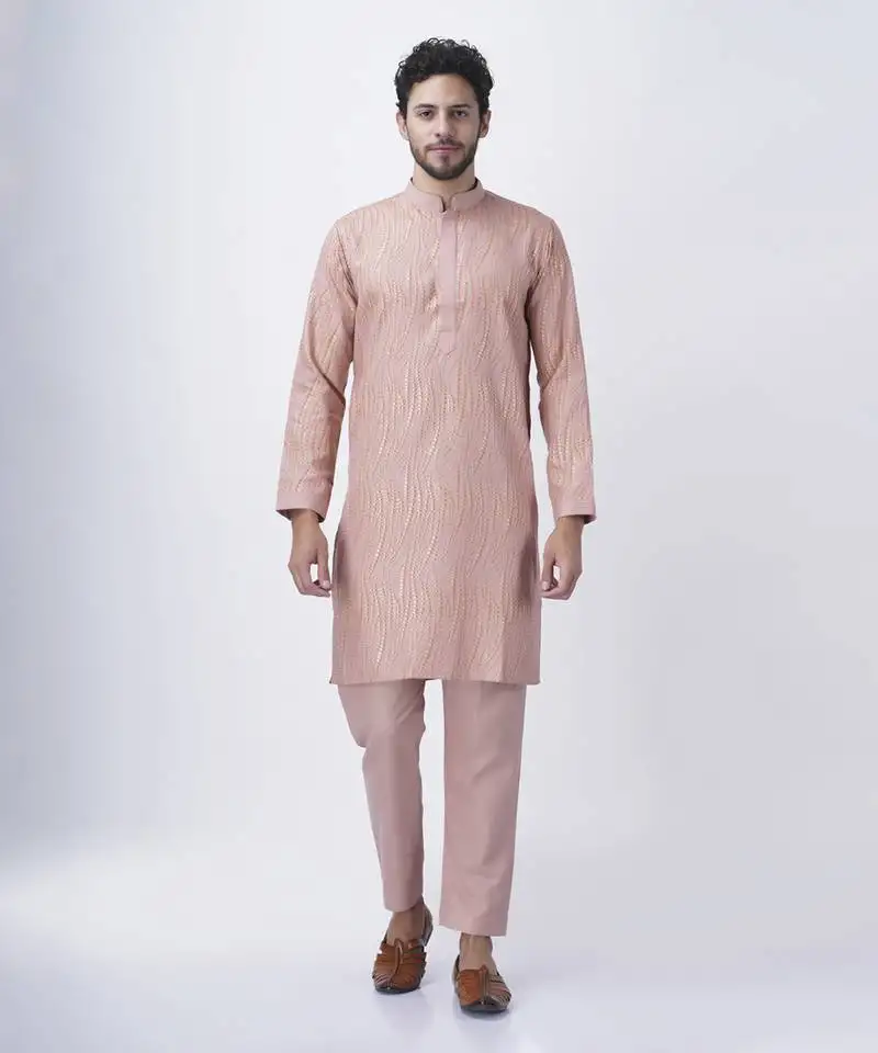 Peach silk solid mens kurta & pant