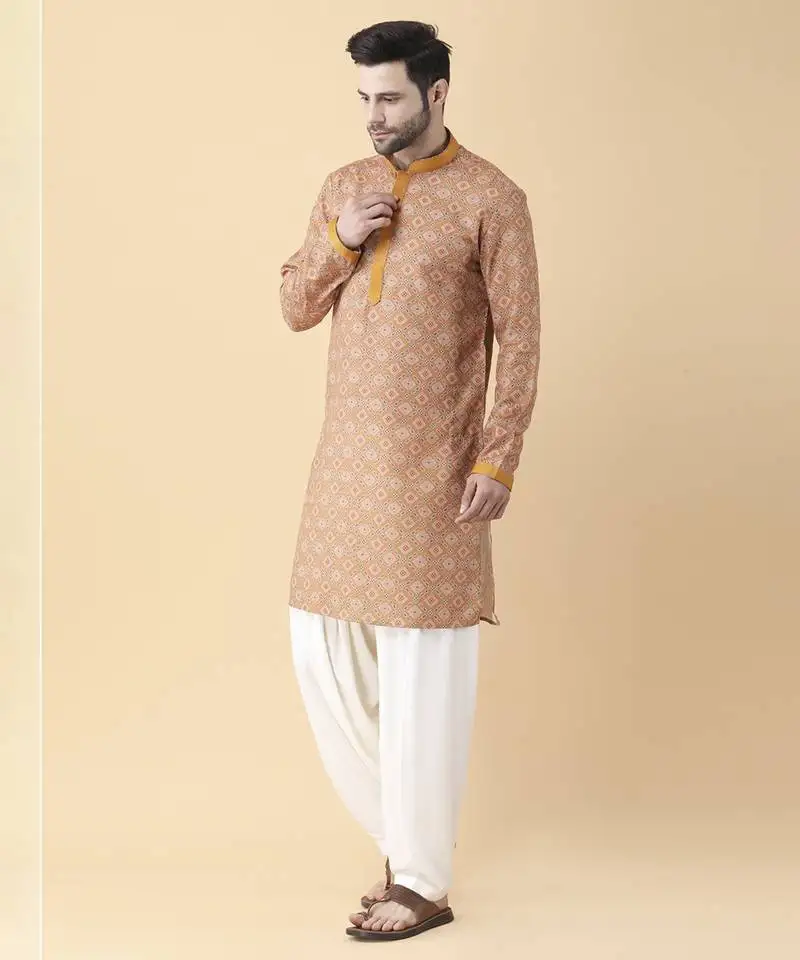 Mustard silk floral printed mens kurta & pant