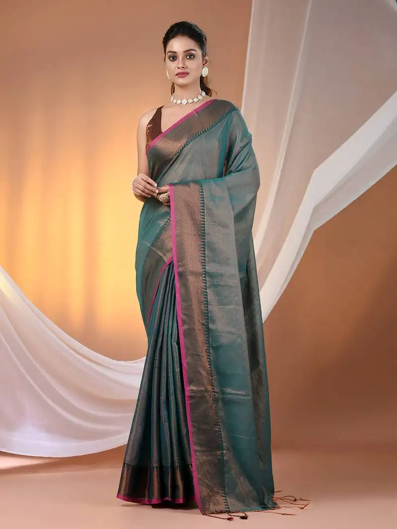 Teal tissue soft saree with zari borders
