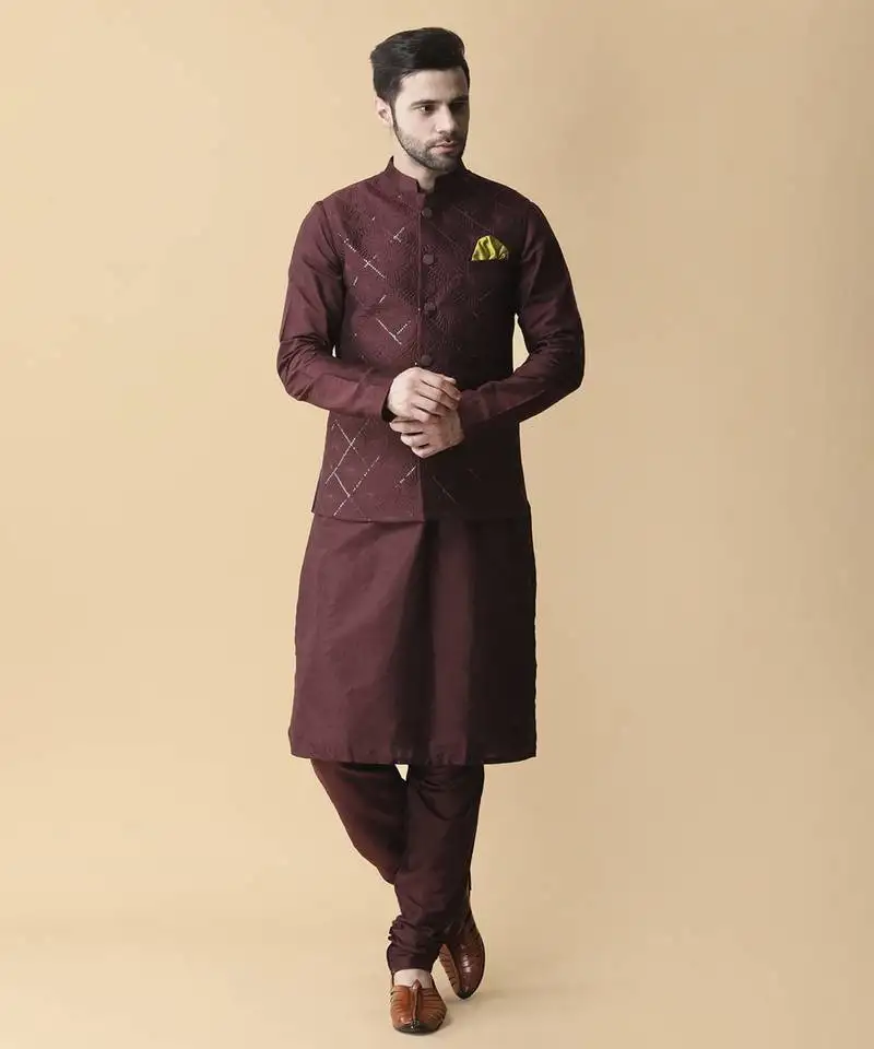 Wine solid silk kurta jacket paired with kurta & pant
