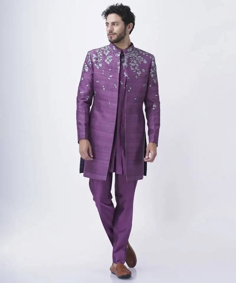 Lilac silk floral printed jacket paired with kurta & pant
