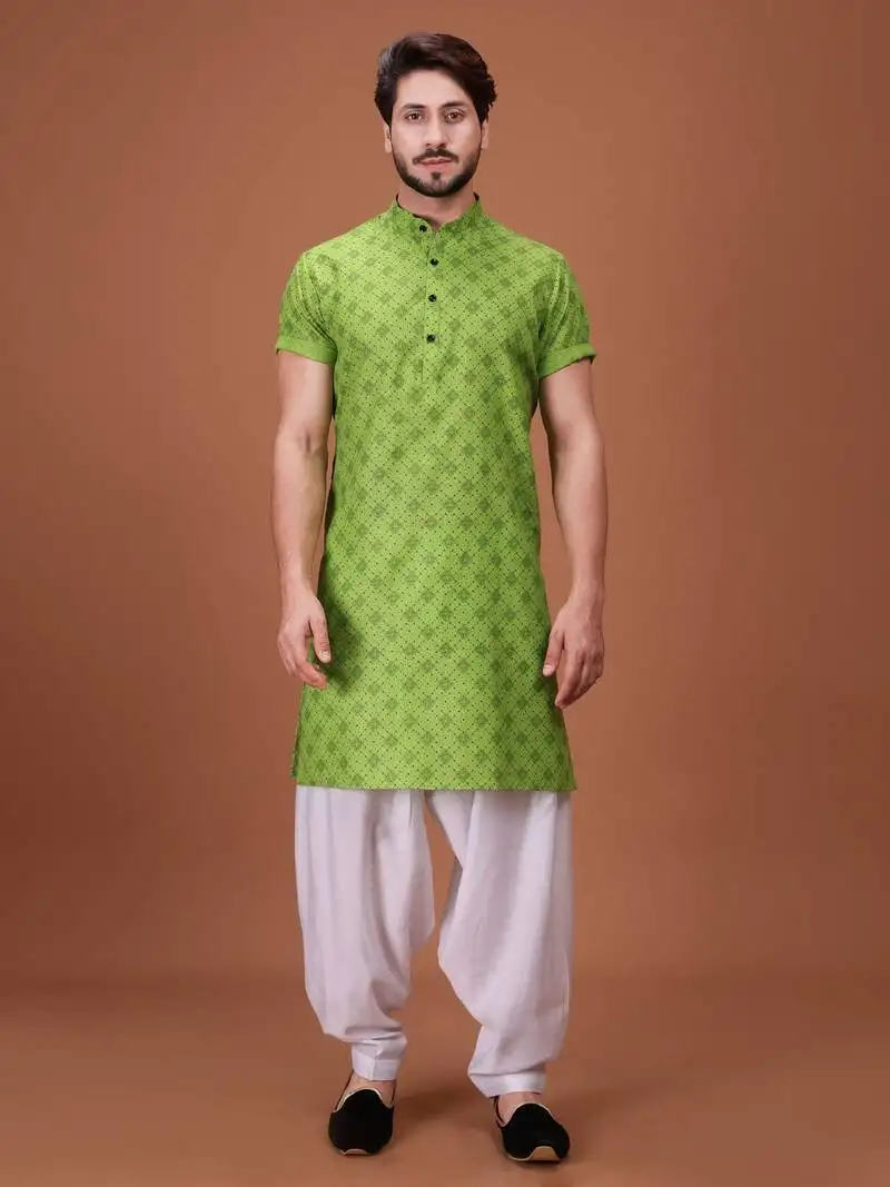Green cotton printed short sleeve only kurta for mens