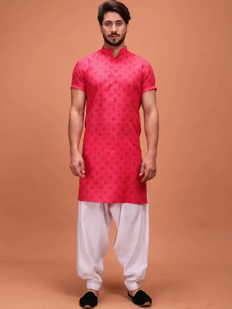 Pink cotton printed short sleeve only kurta for mens