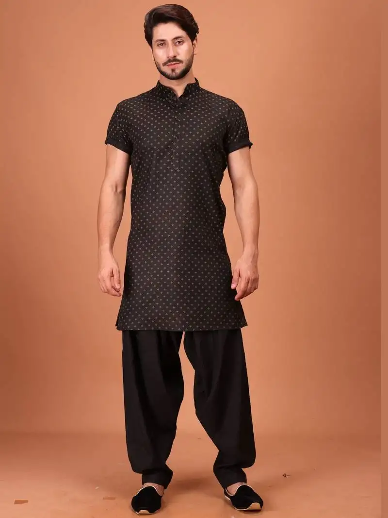 Black cotton printed short sleeve only kurta for mens