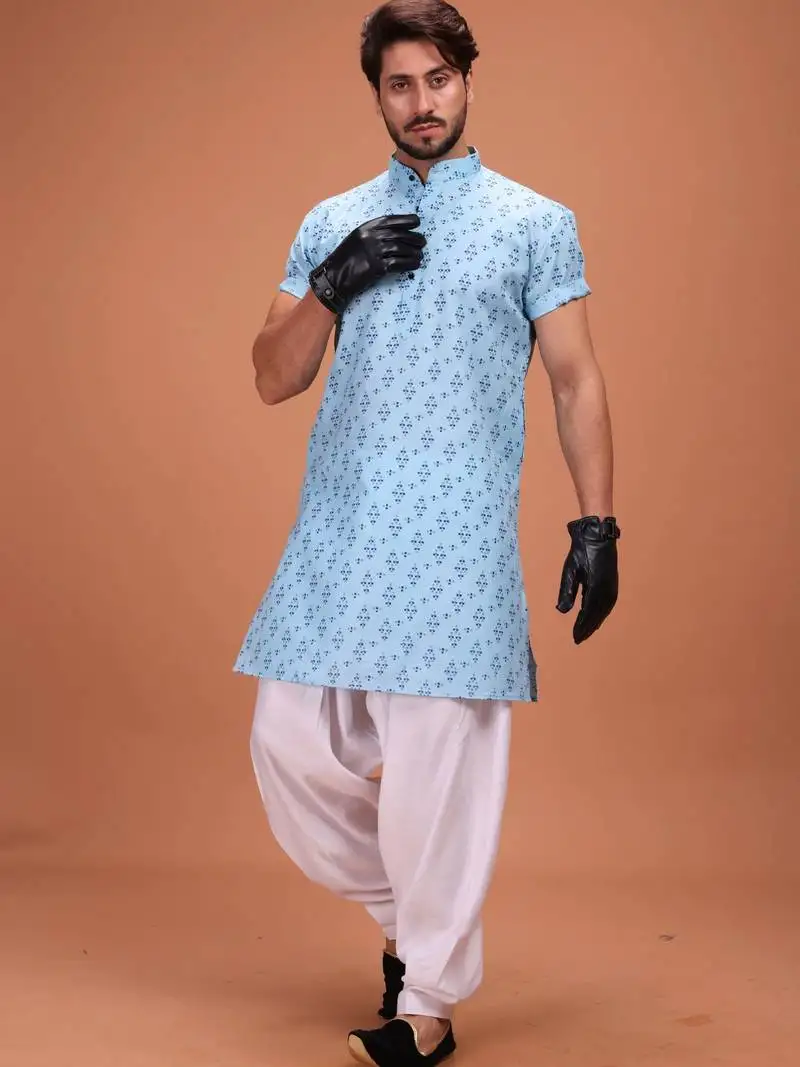 Blue cotton printed short sleeve only kurta for mens
