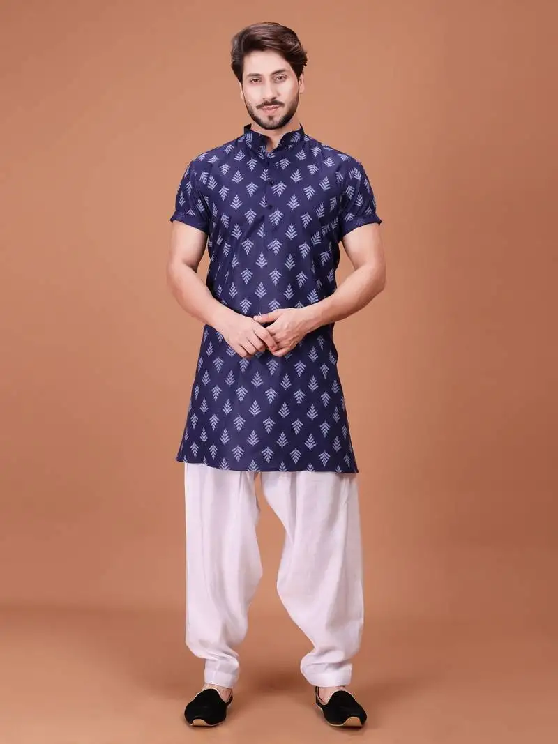 Navy blue cotton printed short sleeve only kurta for mens