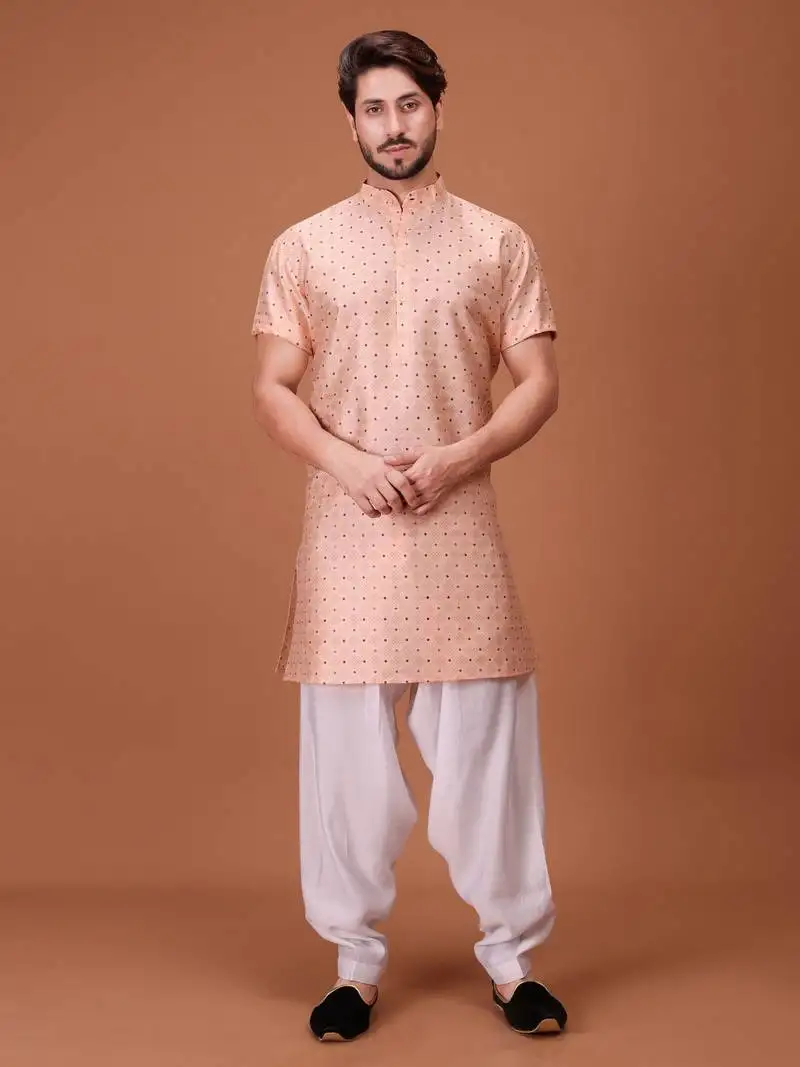Cream cotton printed short sleeve only kurta for mens