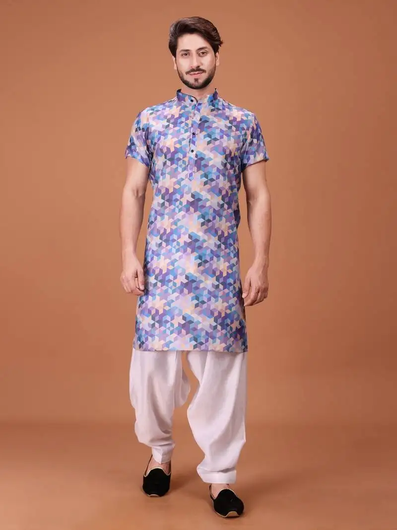 Multicolor cotton printed short sleeve only kurta for mens