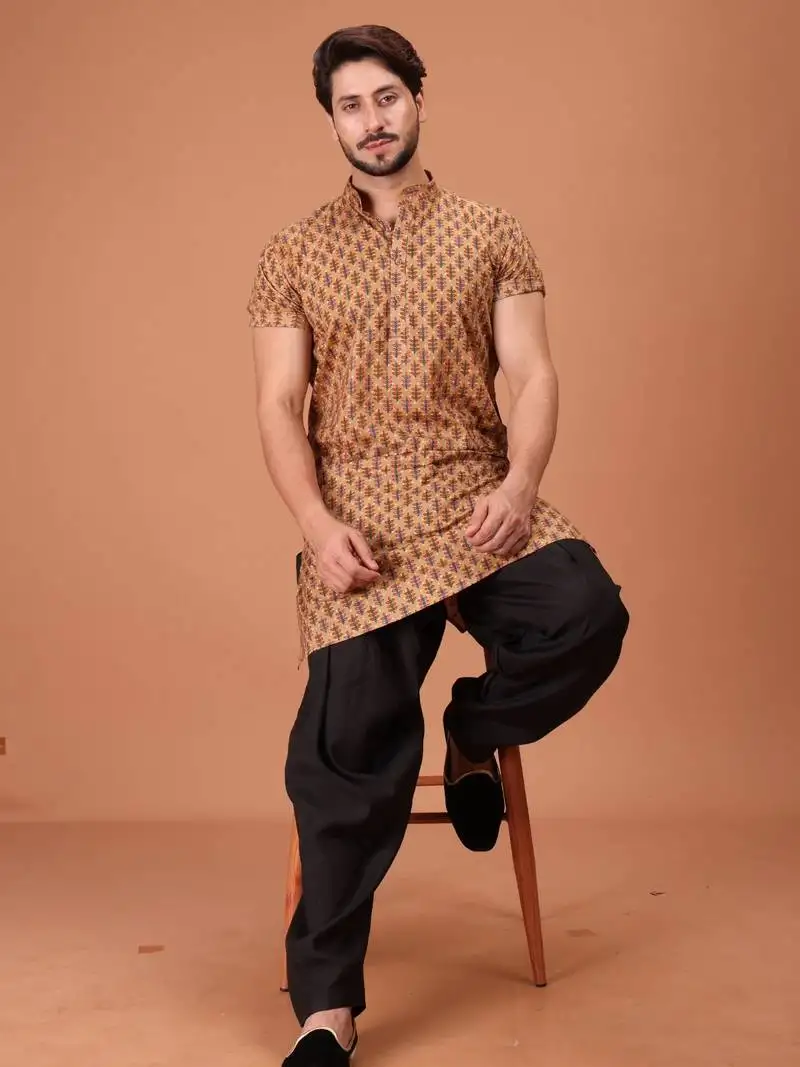 Brown cotton printed short sleeve only kurta for mens