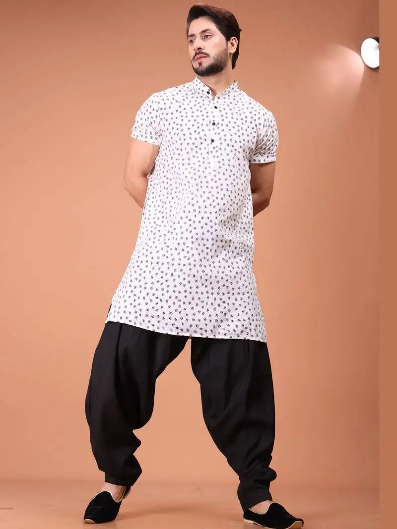 White cotton printed short sleeve only kurta for mens