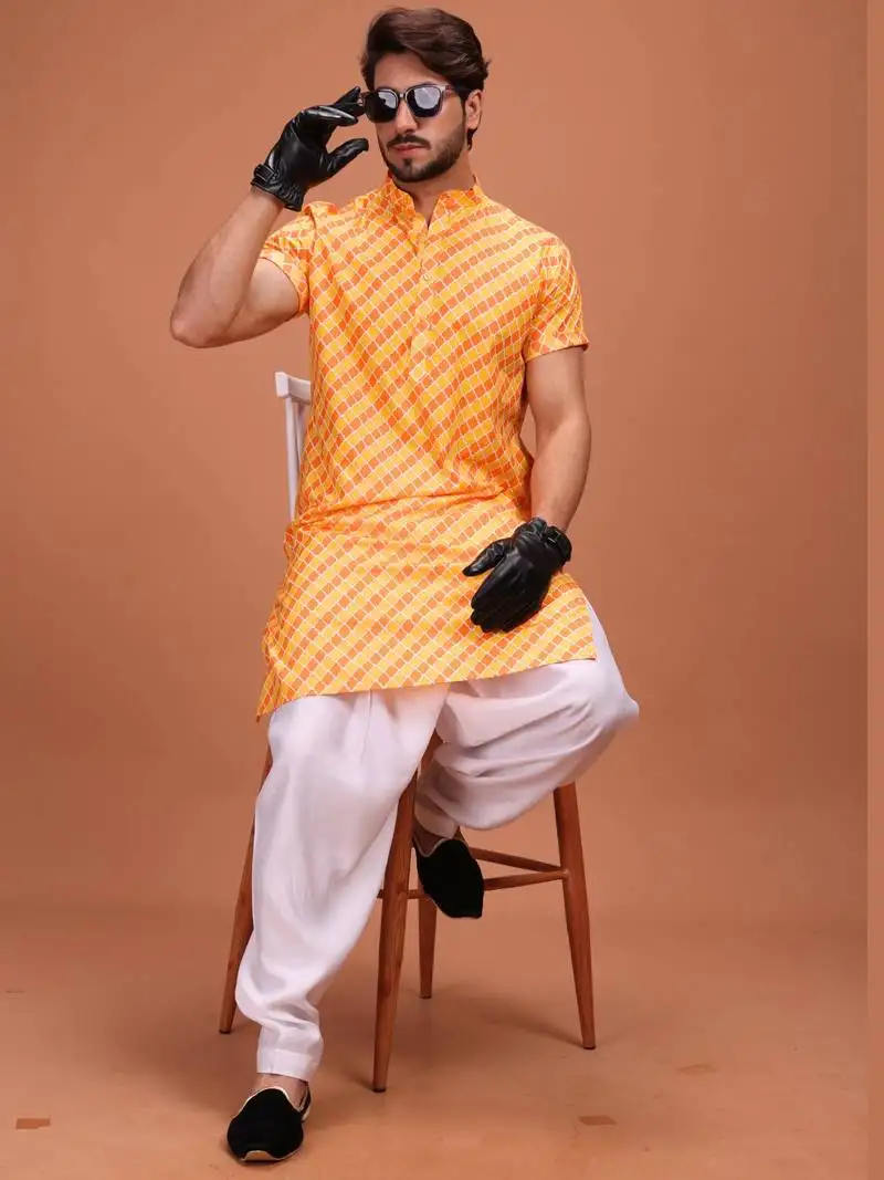 Yellow and orange cotton printed short sleeve only kurta for mens