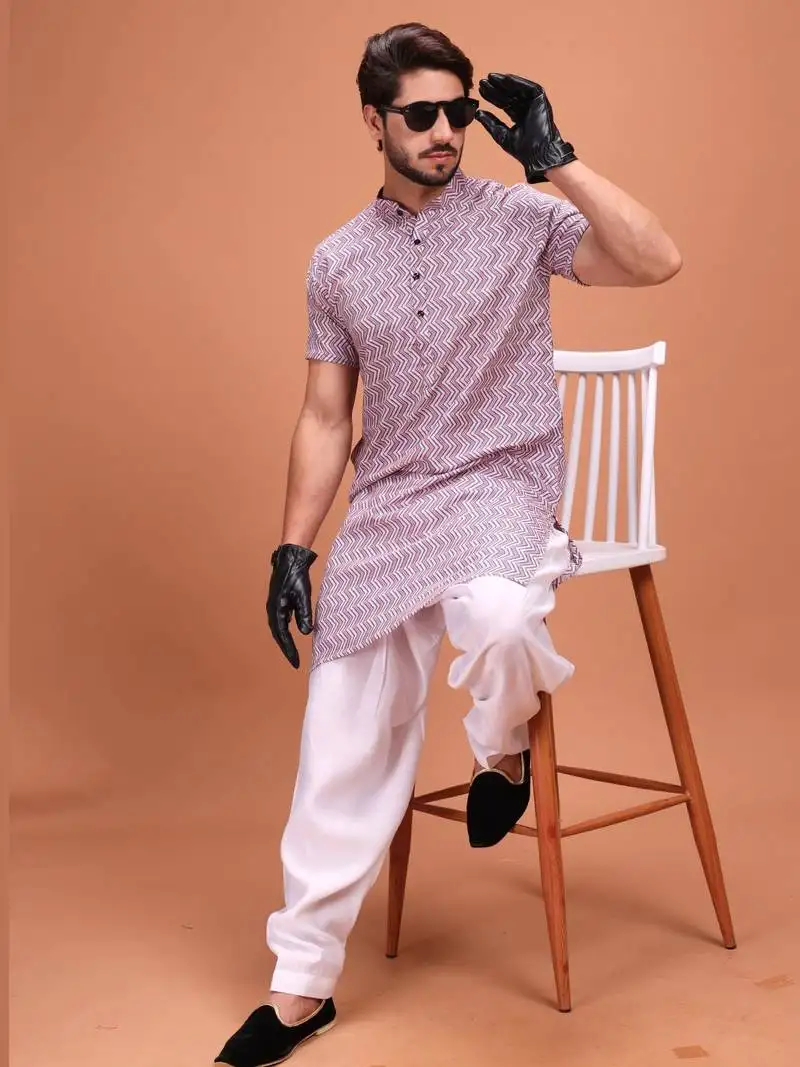 Purple cotton printed short sleeve only kurta for mens