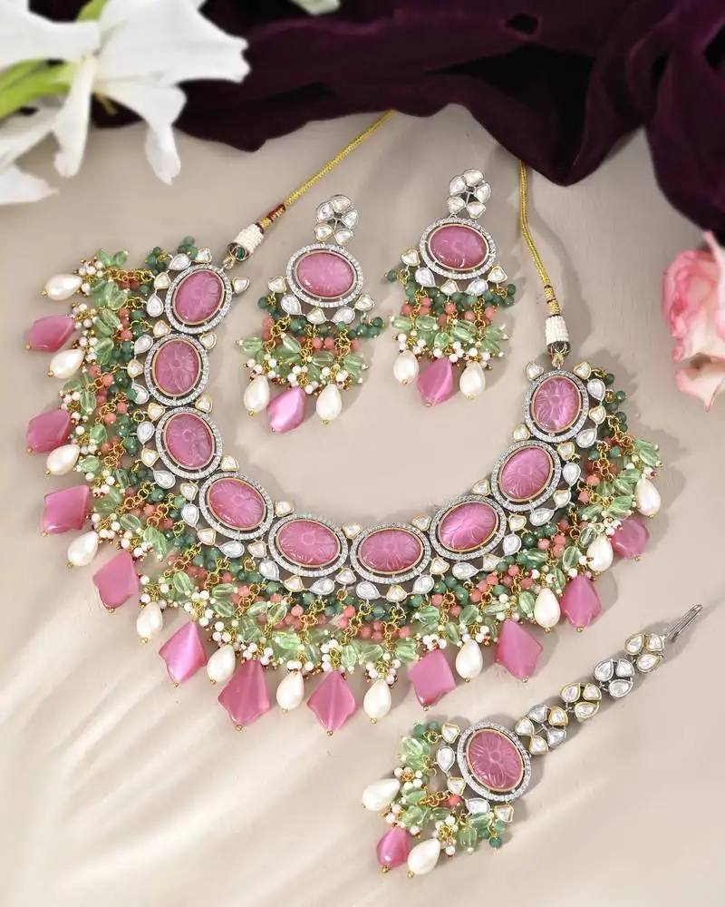 Regal pink carved stone & kundan bridal necklace set