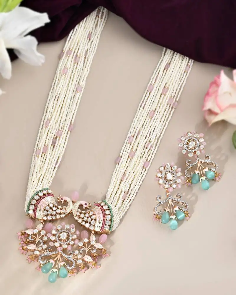 Elegant multi-strand pearl & moissanite peacock necklace with aqua drops