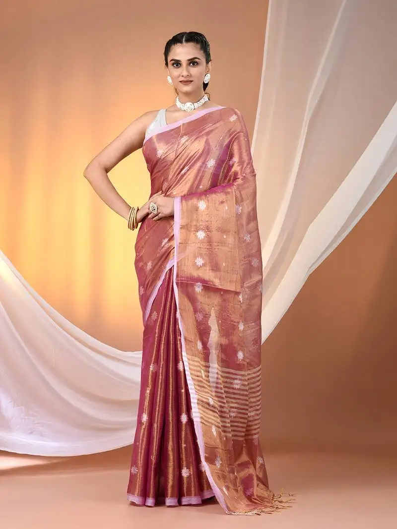 Violet dual tone texture motifs tissue saree with stripes pallu