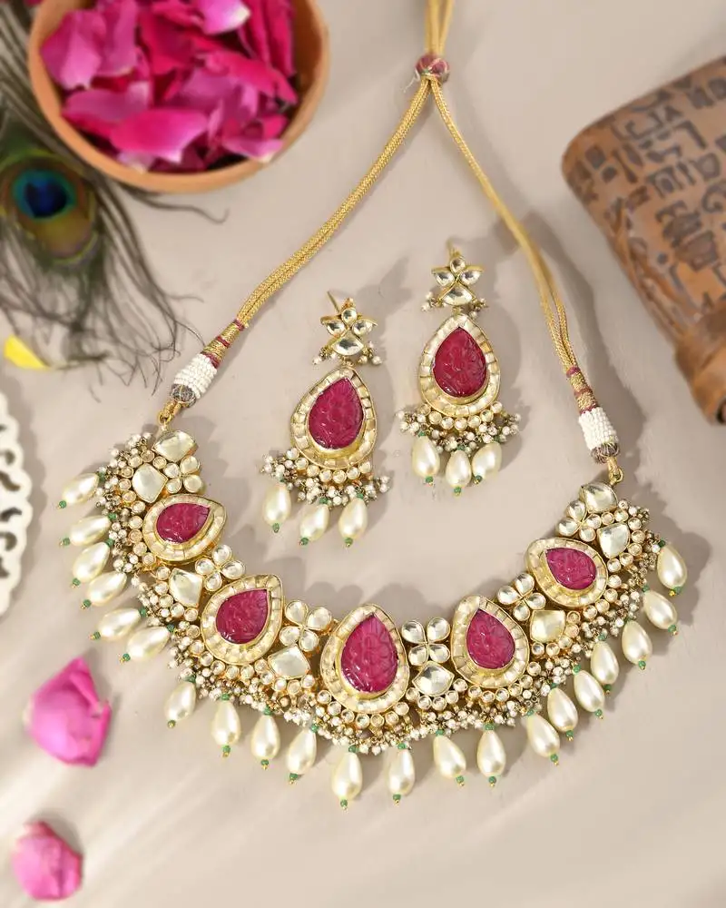 Royal ahmedabadi kundan & ruby pearl necklace set