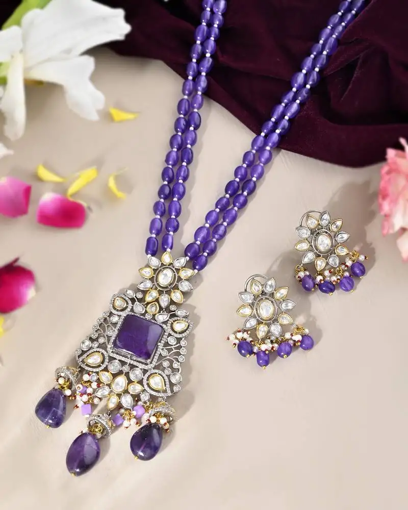 Exquisite purple beaded kundan jewellery set