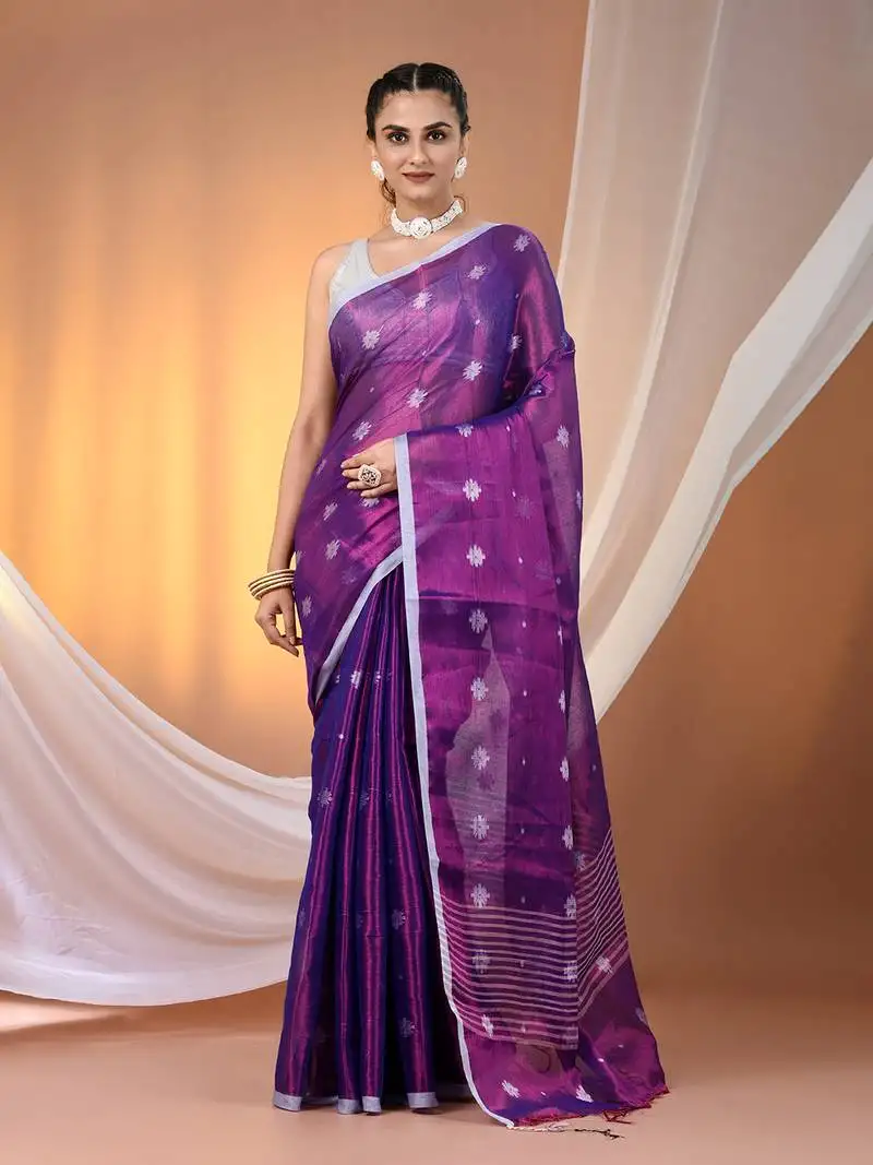 Purple texture motifs tissue saree with stripes pallu