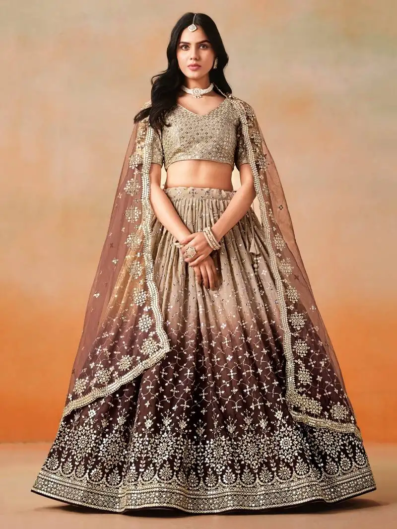 Enchanting brown and dark beige sequins zari embroidered georgette indian designer padding lehenga dress