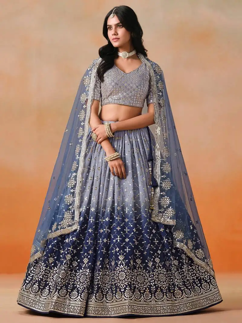 Bewitching navy blue and grey sequins zari emrbroidered georgette indian wedding designer lehenga dress