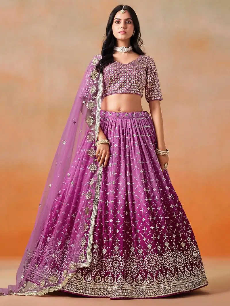 Graceful rani pink zari sequins embroidered georgette indian wedding designer lehenga dress