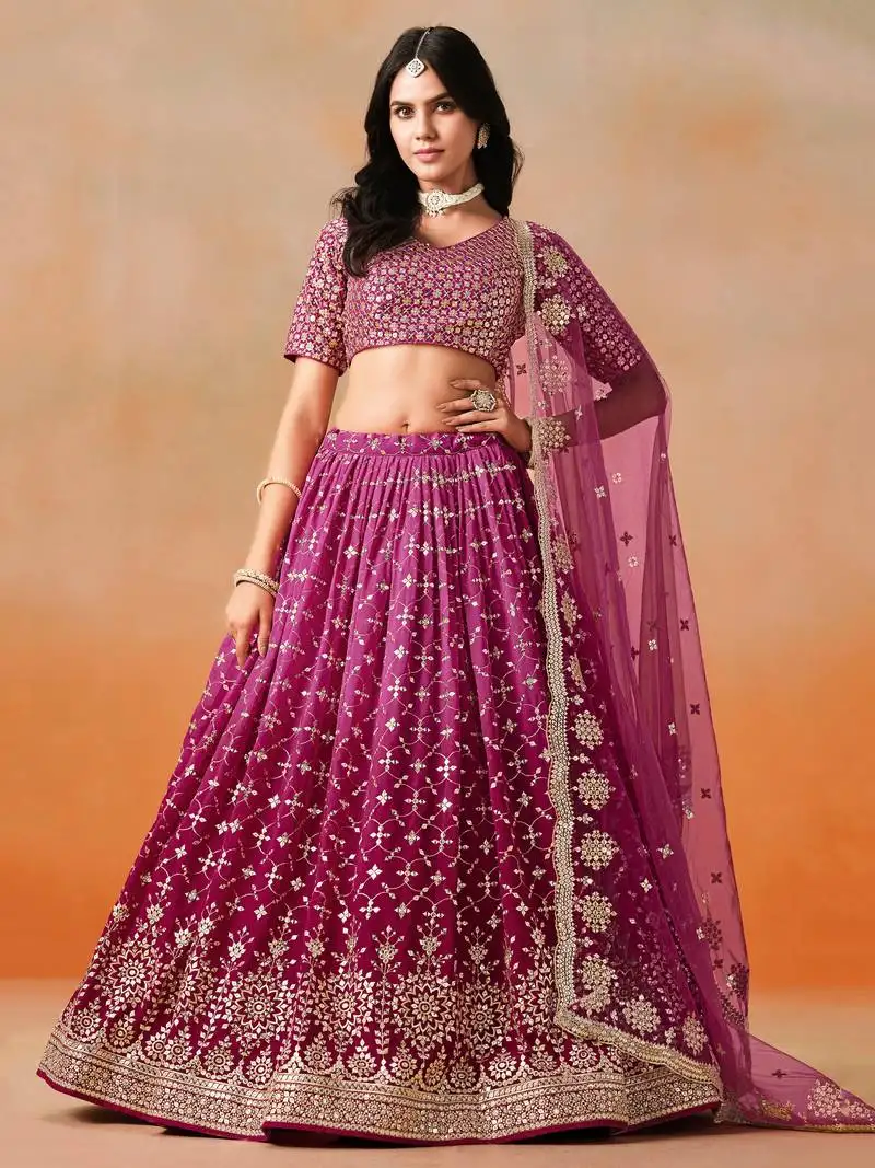 Charming red pink zari embroidery with sequins work georgette lehenga