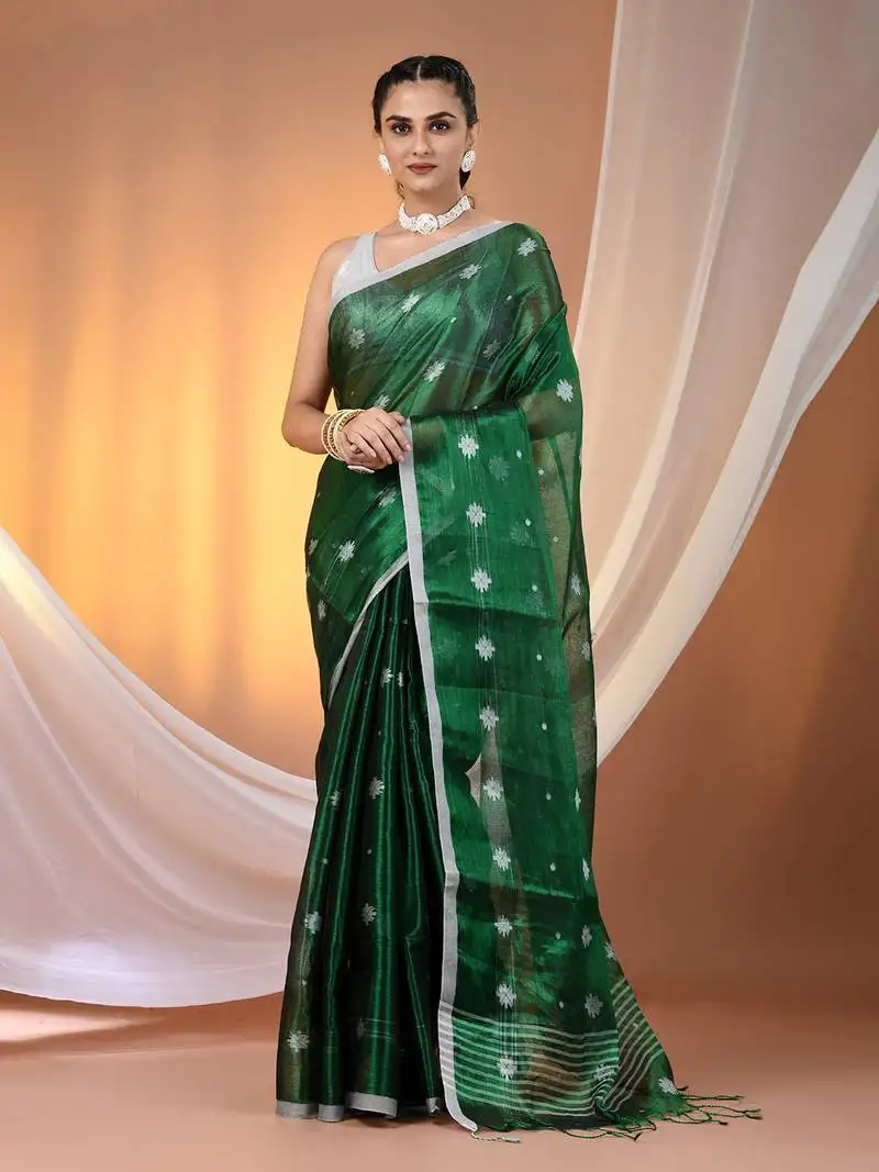 Green texture motifs tissue saree with stripes pallu