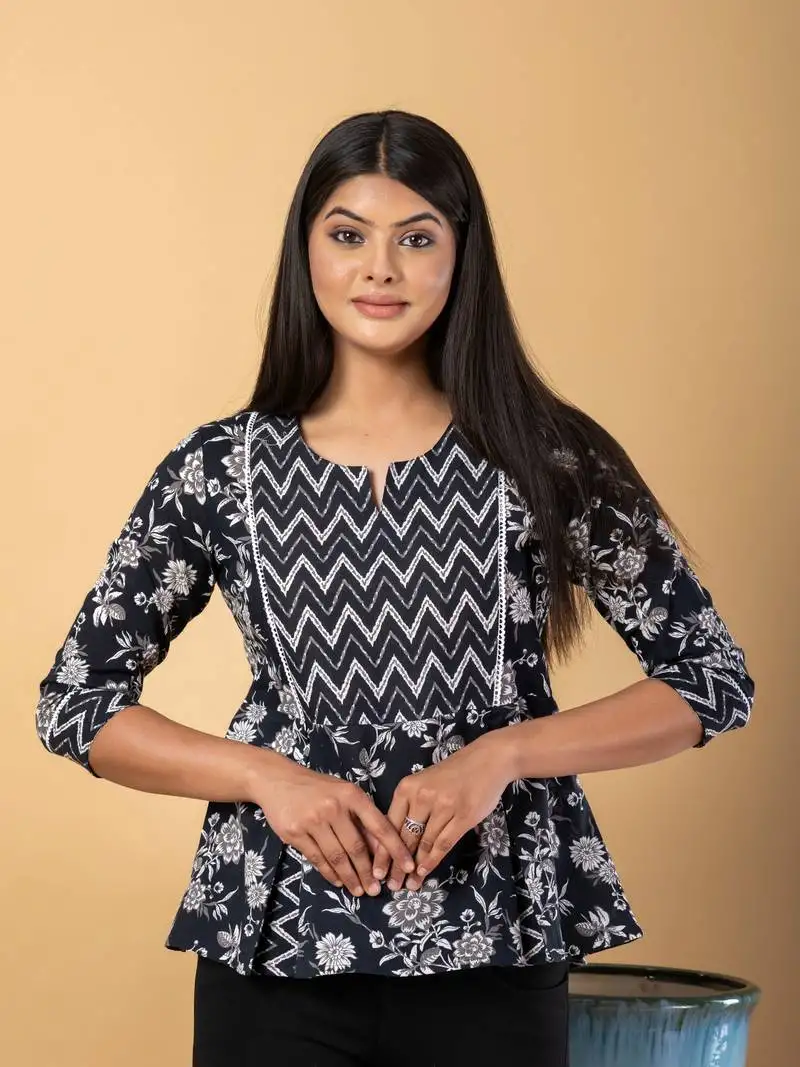 Black cotton cinched waist top