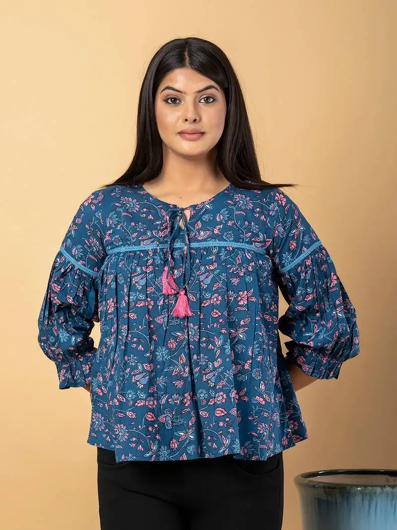 Teal blue cotton cinched waist top