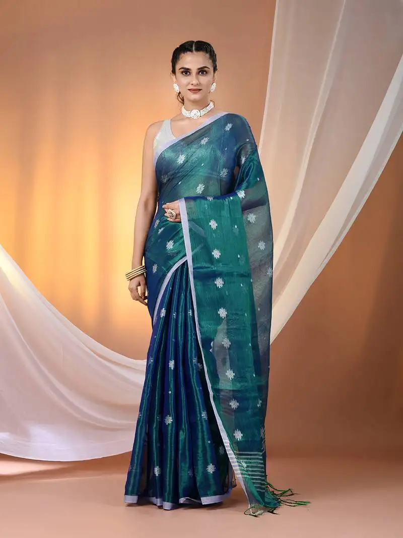 Peacock blue texture motifs tissue saree with stripes pallu