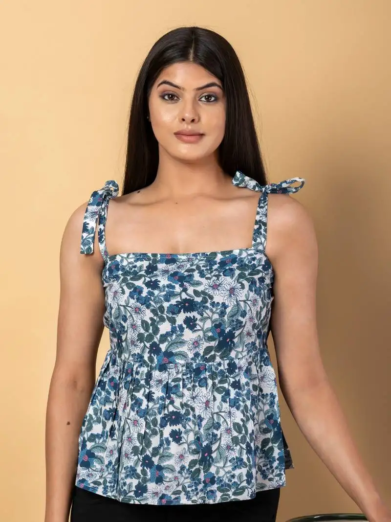 Teal blue and white cotton peplum top