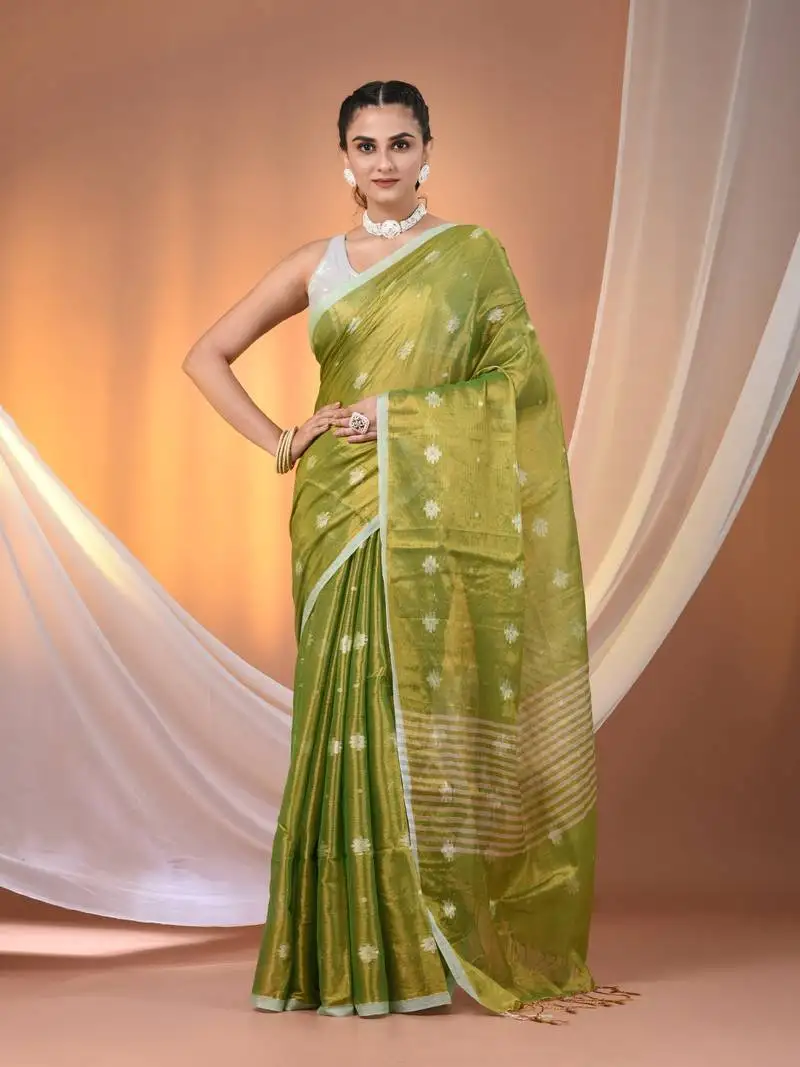 Parrot green texture motifs tissue saree with stripes pallu