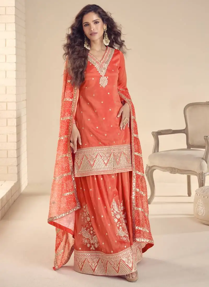 Orange simar silk embroidered palazzo suit stitched