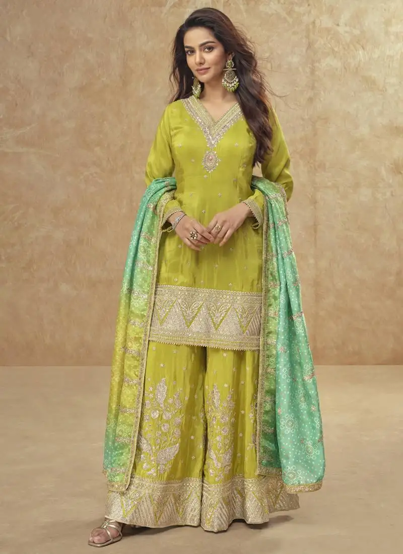 Parrot green simar silk embroidered palazzo suit stitched