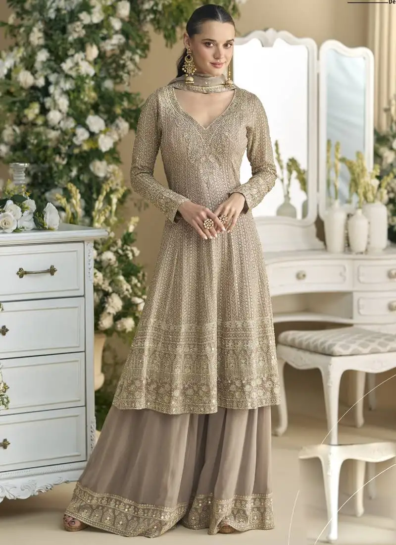 Beige georgette embroidered designer palazzo suit stitched