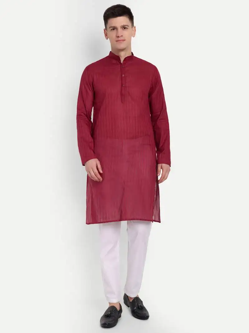 Maroon cotton printed full sleeves kurta for men