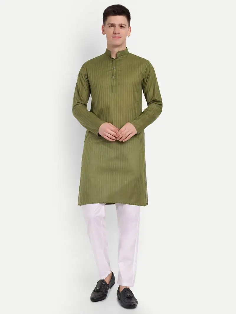 Green cotton printed full sleeves kurta for men