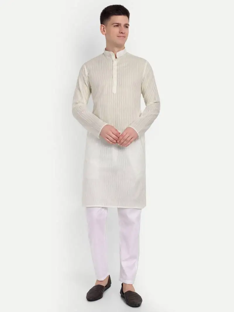 White cotton printed full sleeves kurta for men